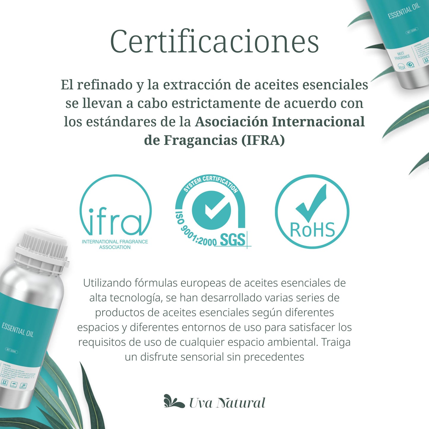 UVA NATURAL - Aceites Esenciales para Difusor de Aire Frío - Aromas de Lujo para el Hogar o Negocio - Aroma de Hotel Collection - Marketing Olfativo - Inspirado en Hoteles de Lujo (500 ml, Ocean)