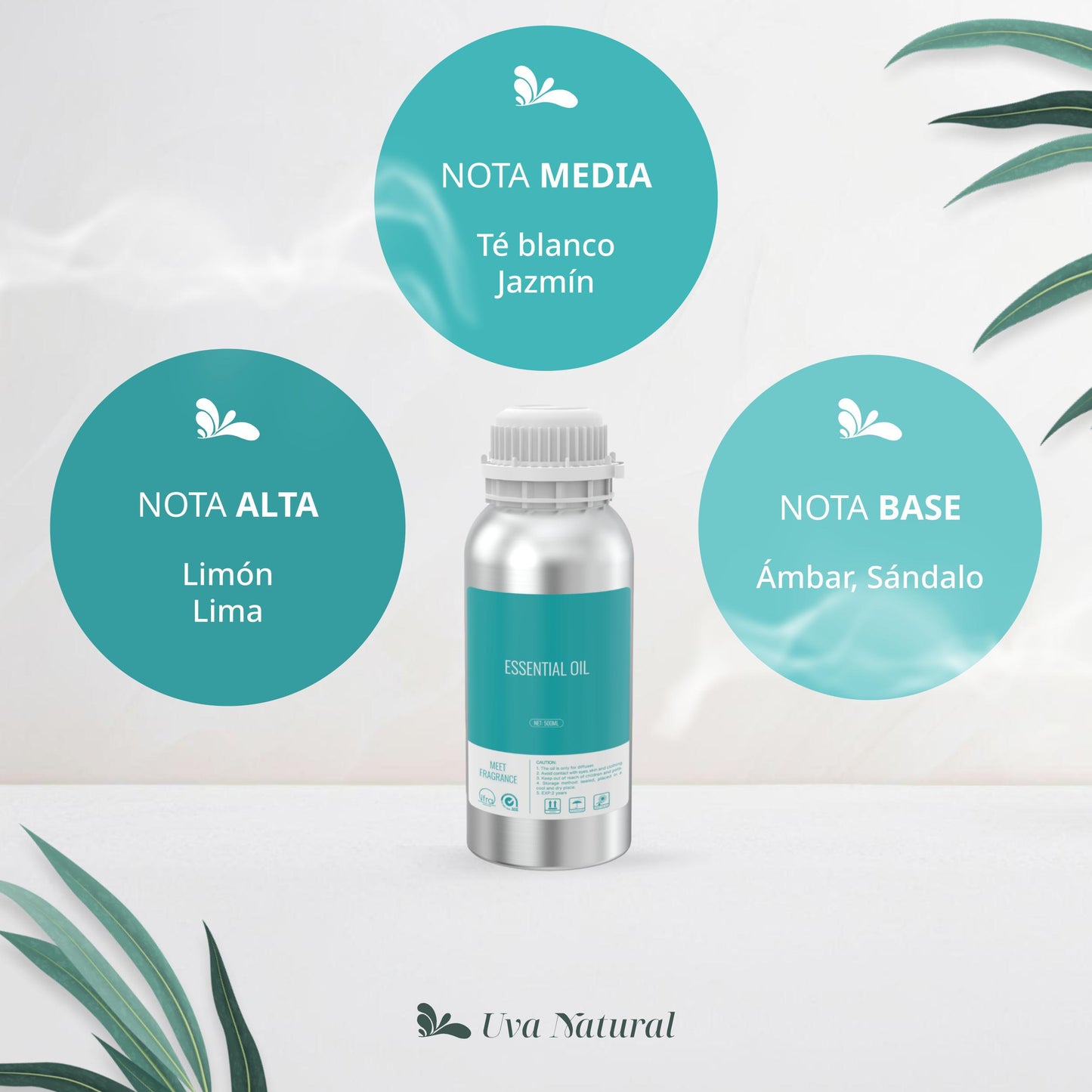UVA NATURAL - Aceites Esenciales para Difusor de Aire Frío - Aromas de Lujo para el Hogar o Negocio - Aroma de Hotel Collection - Marketing Olfativo - Inspirado en Hoteles de Lujo (500 ml, New White Tea)