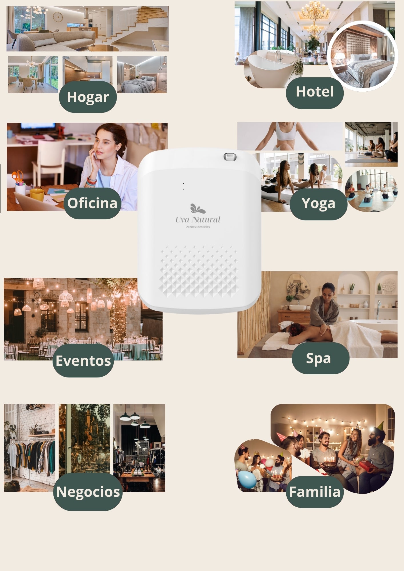 UVA NATURAL | Difusor para Hogar de Aire Frío 400ml | Difusor de Aceites Esenciales de Aroma y Fragancia Sin Agua | Maquina de Aire Aromático Inteligente Bluetooth | Cobertura 500-1000m³ |Aromaterapia