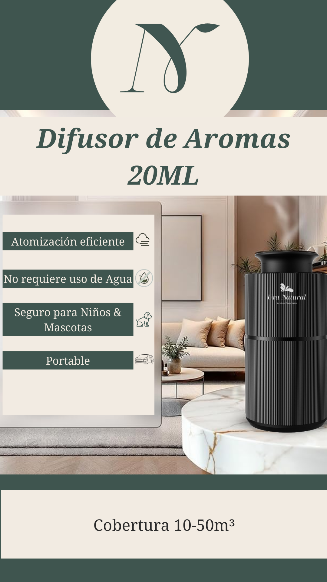 UVA NATURAL | Difusor para Coche y Hogar | Difusor de Aire Frío 20ml | Difusor de Aceites Esenciales de Aroma y Fragancia Sin Agua | Maquina de Aire Aromático Inteligente Bluetooth | Cobertura 10-50m³ | Aromaterapia