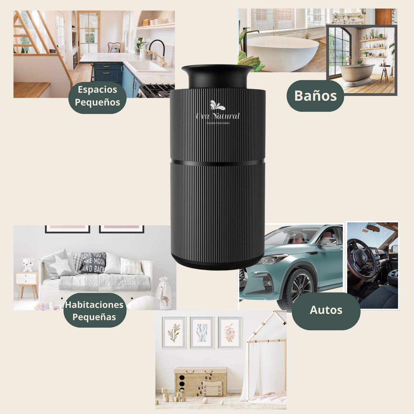 UVA NATURAL | Difusor para Coche y Hogar | Difusor de Aire Frío 20ml | Difusor de Aceites Esenciales de Aroma y Fragancia Sin Agua | Maquina de Aire Aromático Inteligente Bluetooth | Cobertura 10-50m³ | Aromaterapia
