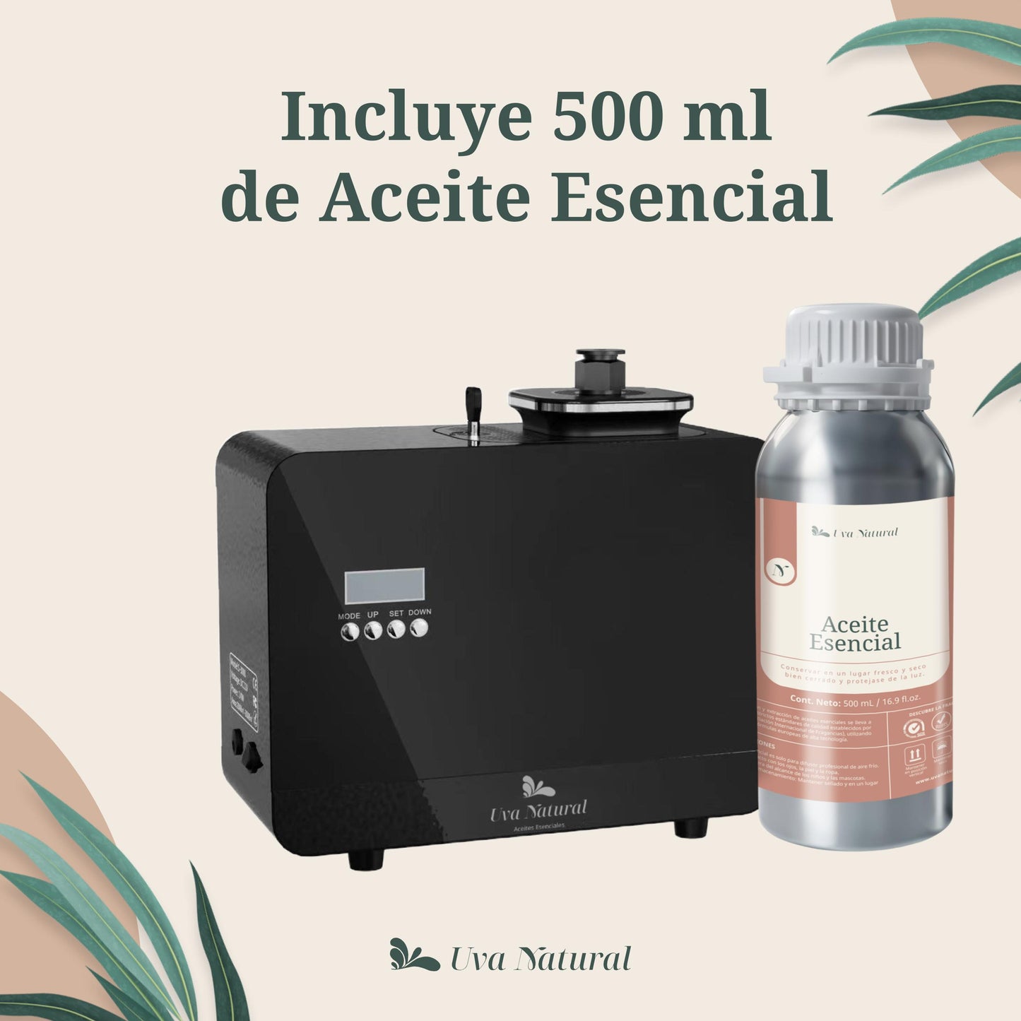 UVA NATURAL | Difusor para Hotel o Negocio | Difusor de Aire Frío 800ml | Difusor de Aceites Esenciales Sin Agua | Difusor de Aroma | Difusor de Fragancia | Maquina de Aire Aromático Inteligente Bluetooth | Cobertura 3000m³ | Aromaterapia