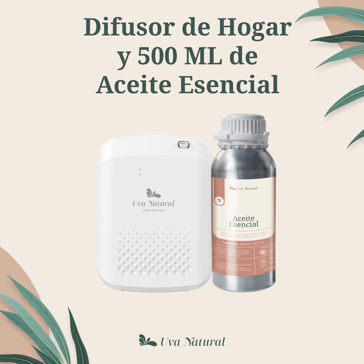 UVA NATURAL | Difusor para Hogar de Aire Frío 400ml | Incluye 500ML de Aroma  | Difusor de Aceites Esenciales de Aroma y Fragancia Sin Agua | Maquina de Aire Aromático Inteligente Bluetooth | Cobertura 500-1000m³ |Aromaterapia