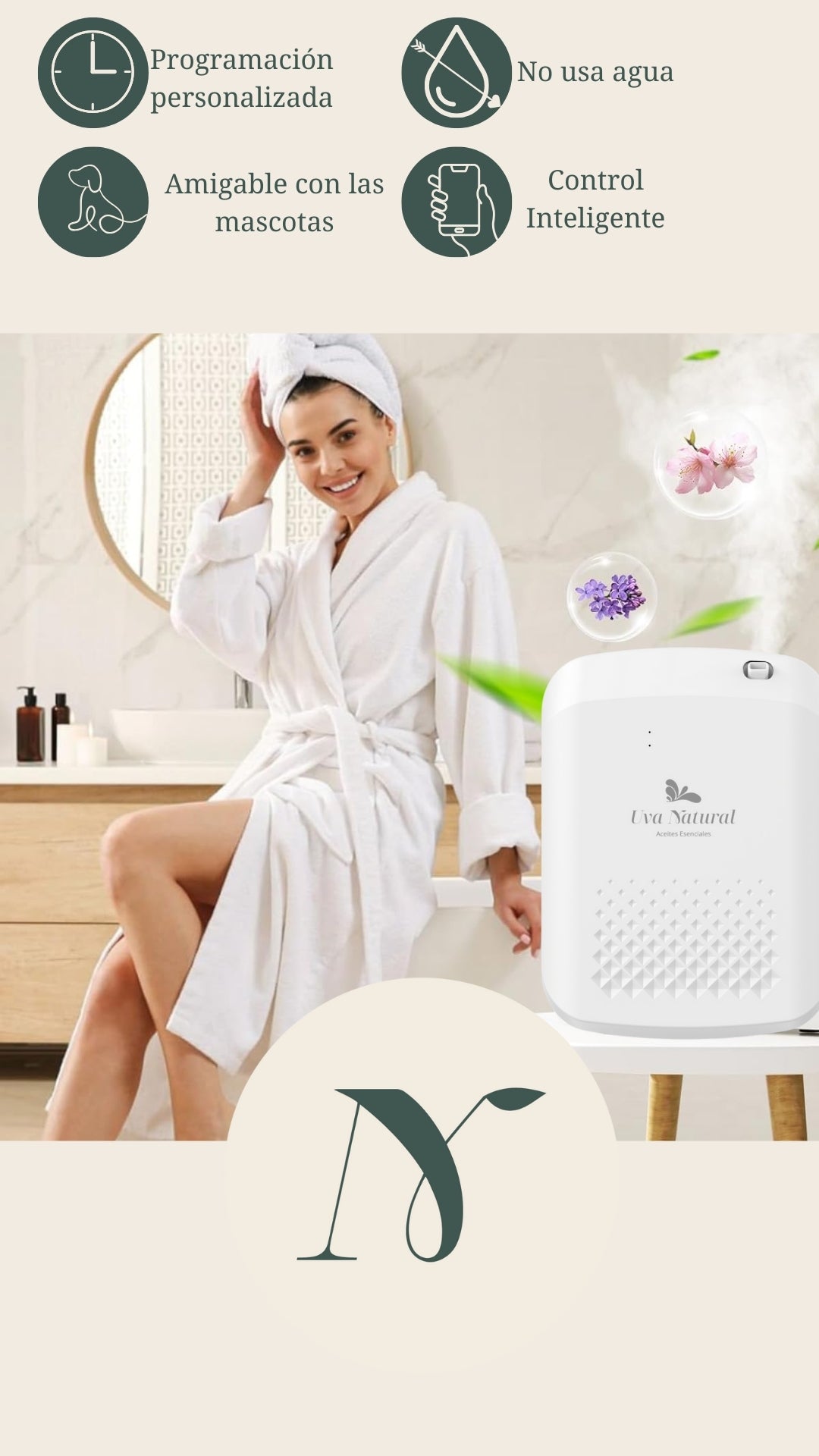 UVA NATURAL | Difusor para Hogar de Aire Frío 400ml | Difusor de Aceites Esenciales de Aroma y Fragancia Sin Agua | Maquina de Aire Aromático Inteligente Bluetooth | Cobertura 500-1000m³ |Aromaterapia